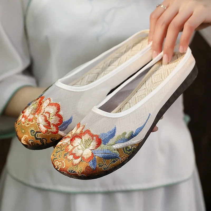 Size 35-42 Summer New Hanfu Shoes Women Flats Old Beijing Cloth Shoes Lace Mesh Chinese Style National Style Embroidered Shoes