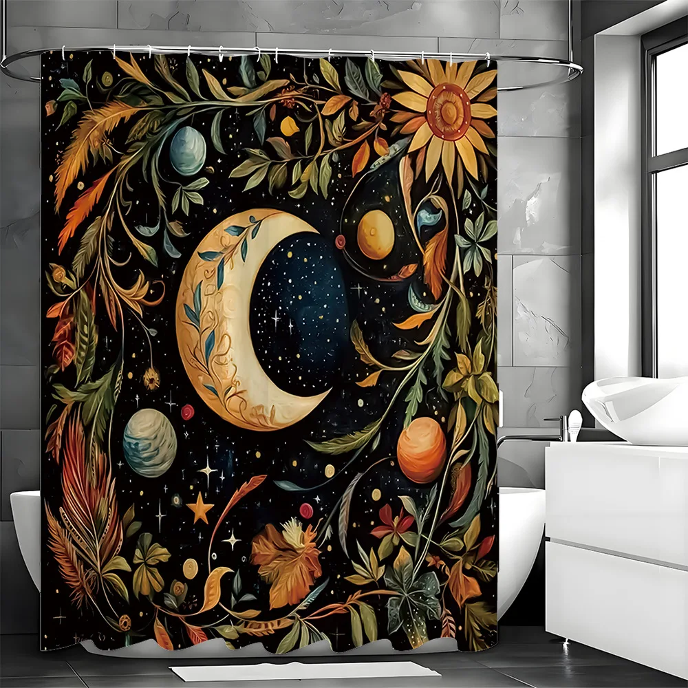 ม่านอาบน้ำลายดวงจันทร์และดาวเคราะห์สไตล์เรโทร ซักได้ กันฝุ่น หัวฝักบัวกันน้ำ ผ้าม่านอาบน้ำโพลีเอสเตอร์