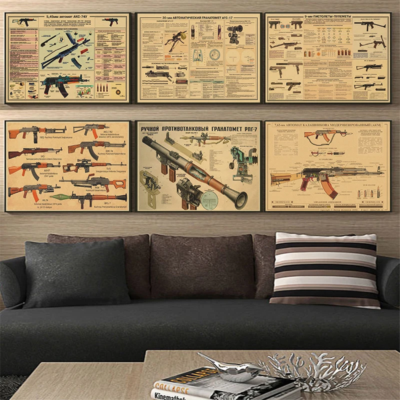 Vintage Weapon Poster Prints Military Fans Rifle Home Room Club Art Wall Decor Machine Retro Painting