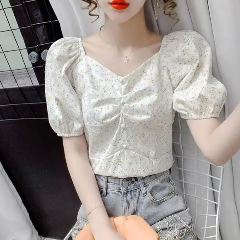 

Puff Sleeve V-neck Floral Shirt for Women New Fashionable Age-reducing Trendy Strap Top