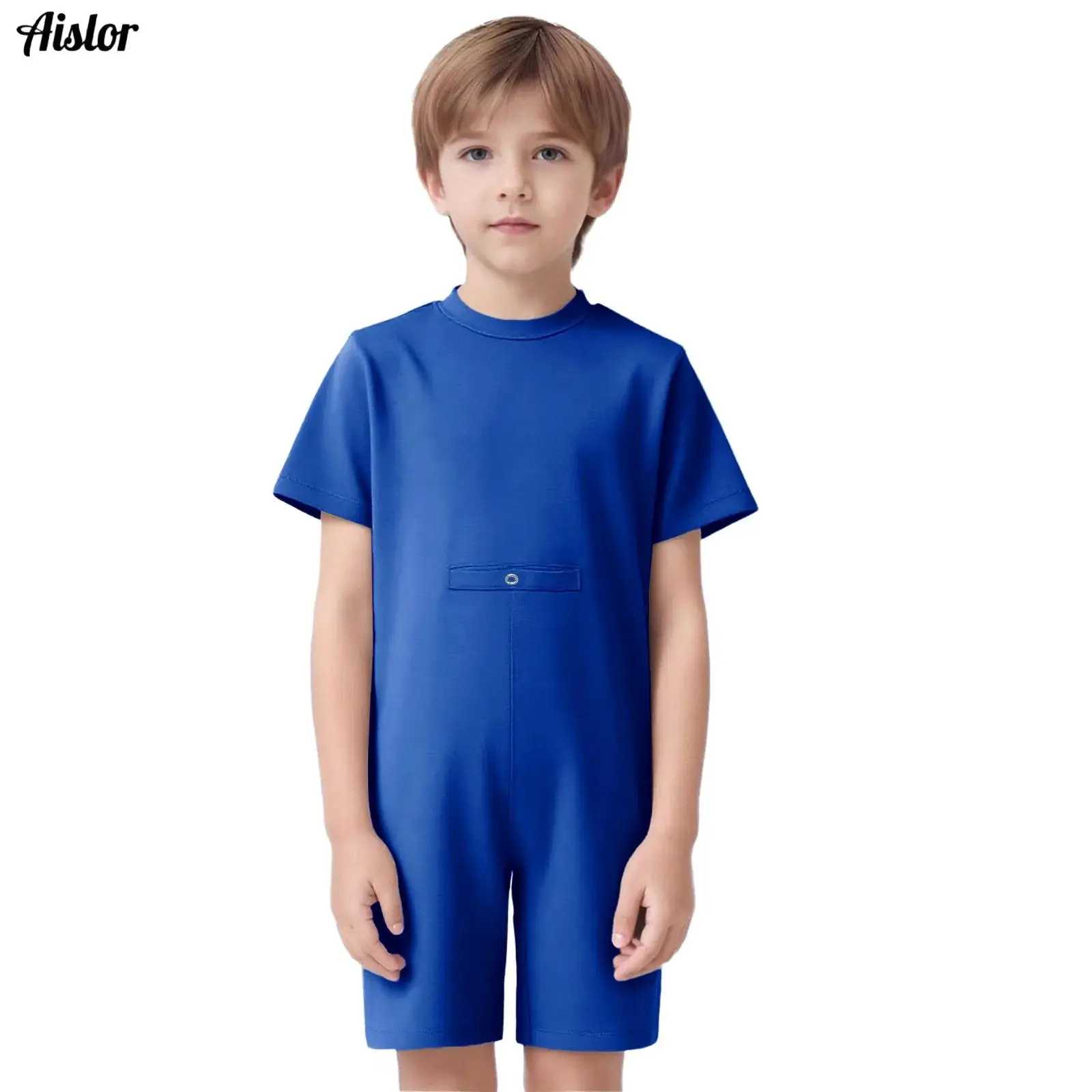 

Kids Boys Girls Special Needs Adaptive Clothing Cotton Soft Short Sleeve Zipper Solid Color Jumpsuit with Press Button Hole