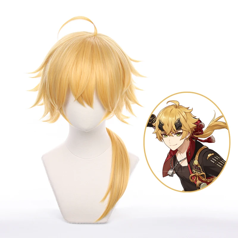 

Genshin Impact Thoma Cosplay Wig Long Yellow Golden Ponytail Wig Heat Resistant Synthetic Hair HalloweenWig + Wig Cap