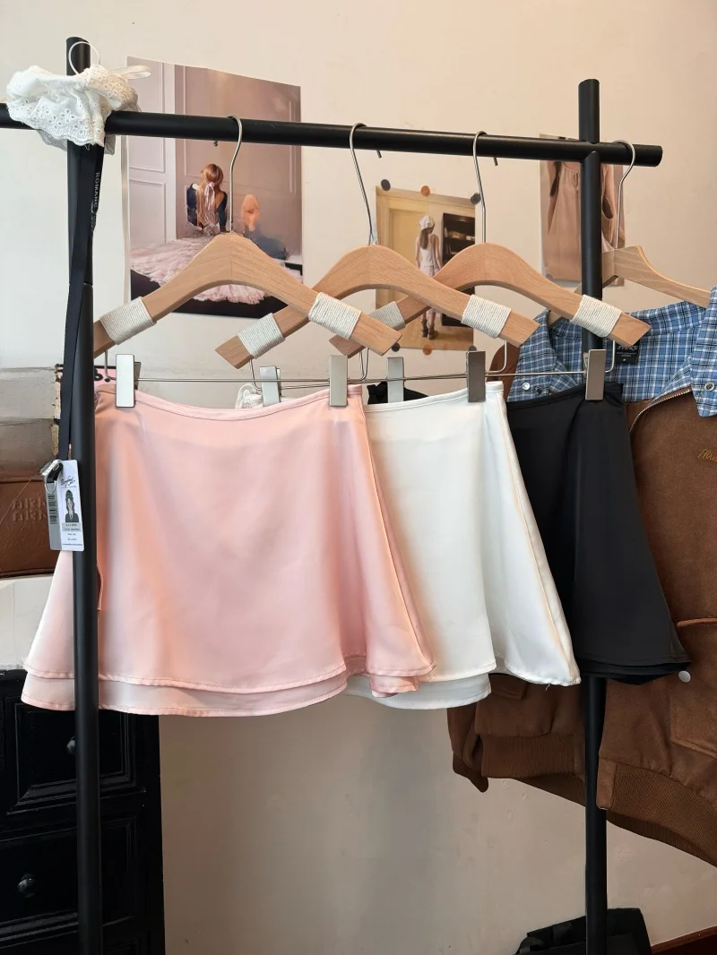 

Elegant Acetate Satin A-Line Skirt Women's High Waist Slimming Short Skirt Pink Anti-Light Walking Skirt Summer Fashion
