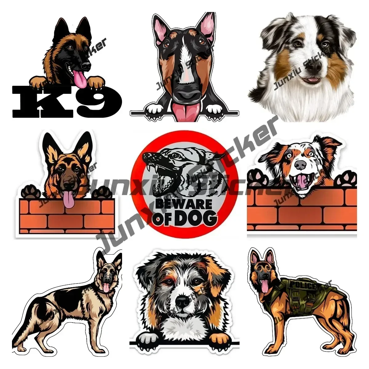

German Shepherd K9 Sticker Cute Animals Peeking Beware of Dog on Board Waterproof Decorative Decals Accessories Modified Sticker