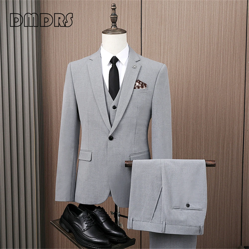 Grey Men's Solid Suit Set 3 Pieces (Blazer Vest Pants) Classic Notched Lapel Blazer One Button Slim Fitting Business Suits