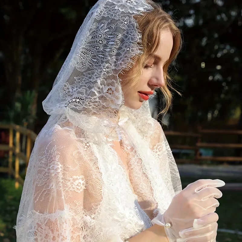 Elegant Bridal White Tulle Veil With Lace Edge Design Multi‑Use Hair‑Cover Mantilla Shawl For Wedding Party Bridal Styling
