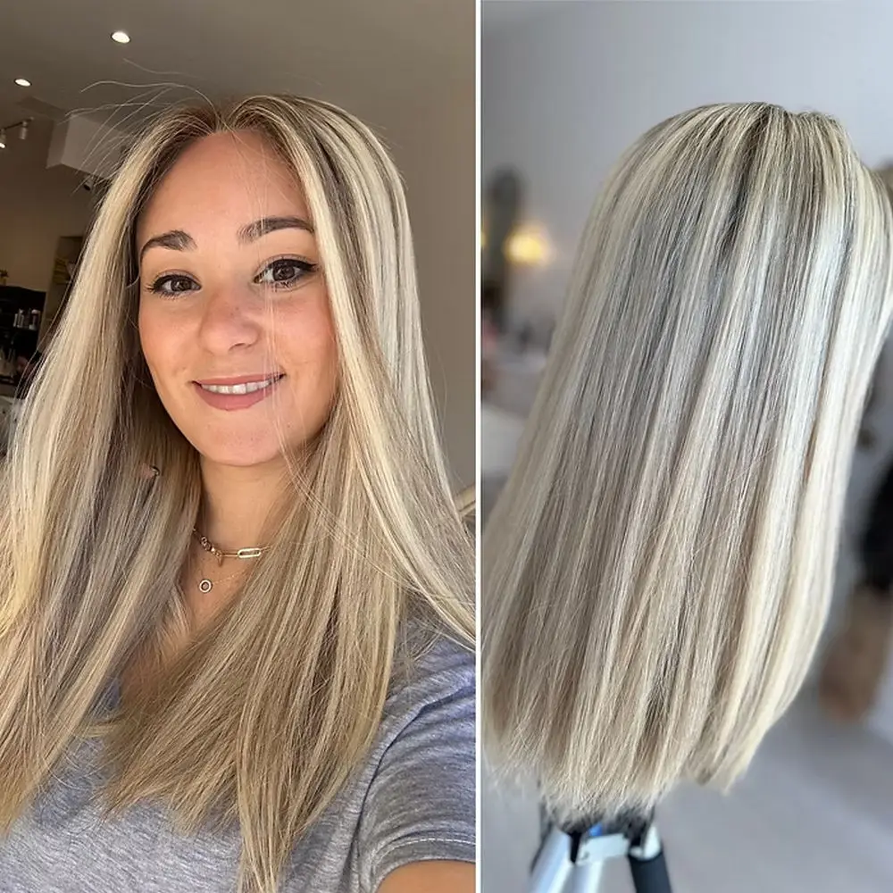 16” Soft Ash Blonde Ombre Synthetic Lace Front Wig Soft Straight Lace Top Wigs for Women Realistic Look Pre Plucked Hairline