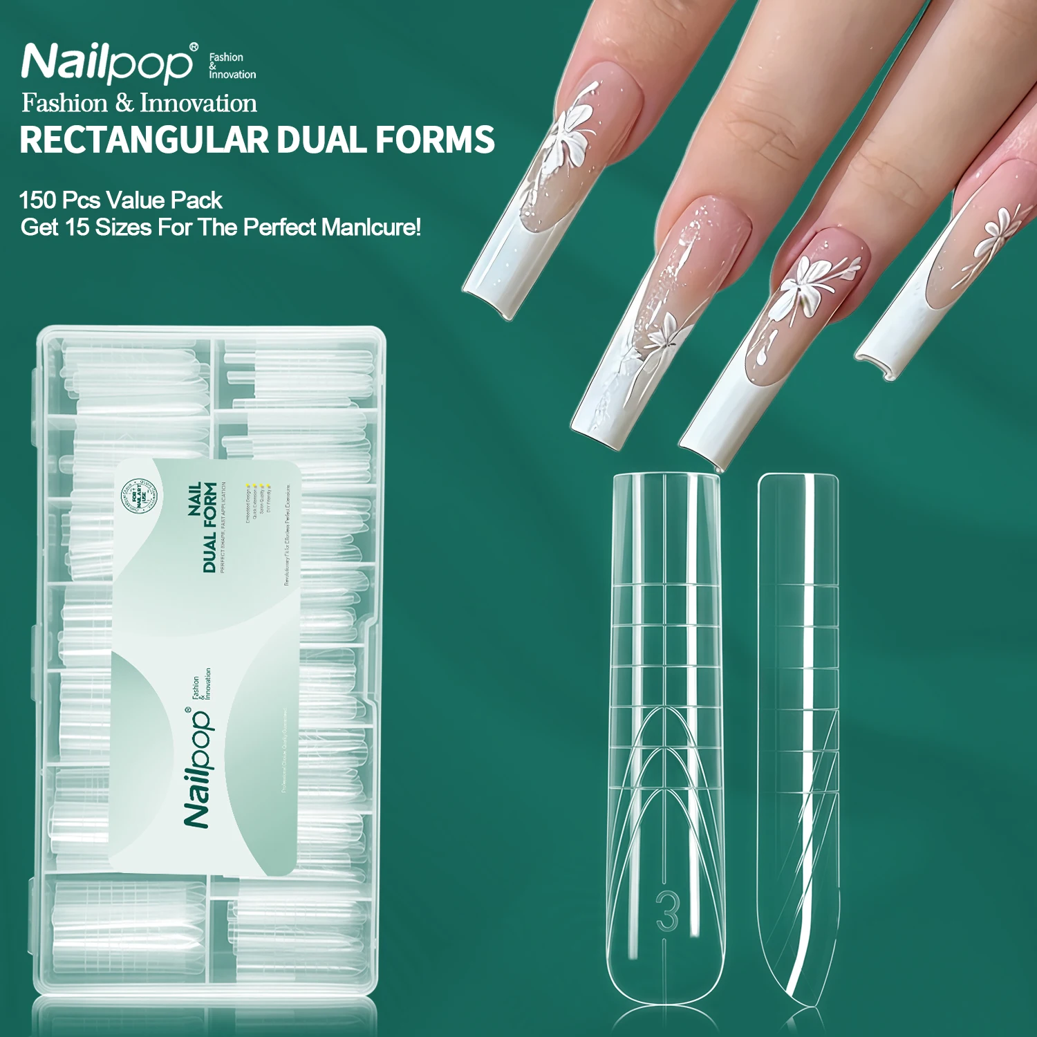 

Nailpop Rectangular Dual Forms 15 Sizes Nail Extension Forms Professional Salon Quality Easy to Use Reuse Nail Art Design150pcs