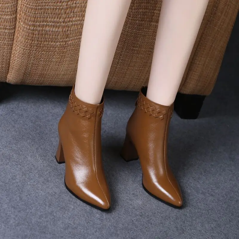 Vintage Pointed Toe High Heels Ankle Boots for Women Brown Pu Leather Zipper Short Boots Woman Autumn Thick Heel Booties