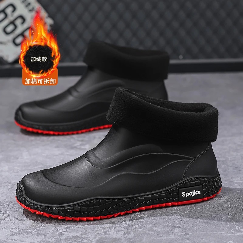 

Men's waterproof rain boots, short, flat, fashionable and casual outdoor work chef shoes, warm rain boots Casual sneakers