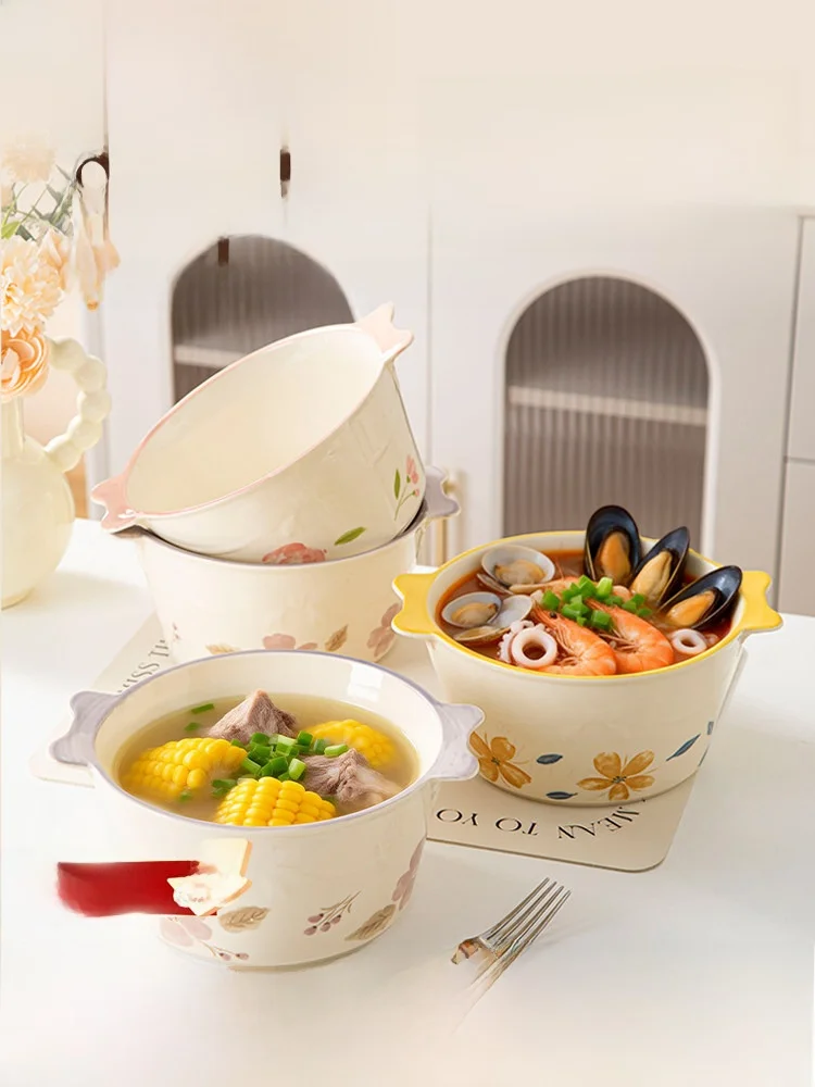 

Large Size Ceramic Soup Bowl with Double Ears Beautiful Screw Rice Bowl Spiral Powder Bowl Household Daily Use Bowl