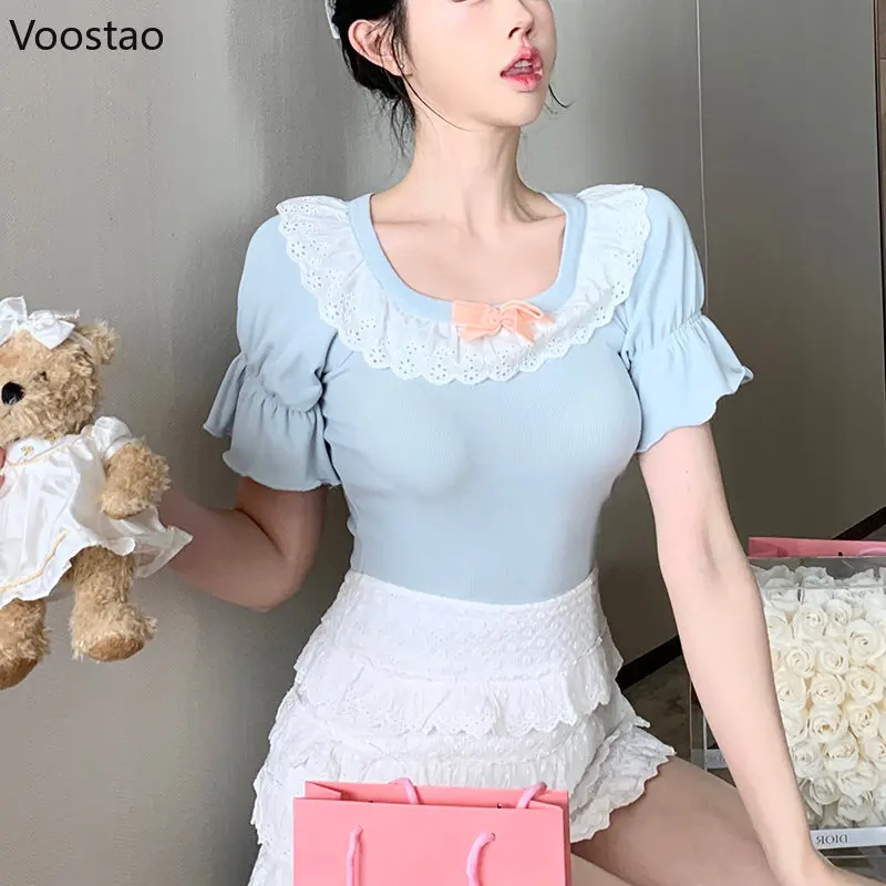 

Женская Повседневная футболка Y2k, милый облегающий кроп-топ с рукавами-фонариками, кружевными оборками и бантом на воротнике, универсальные футболки в Корейском стиле на лето