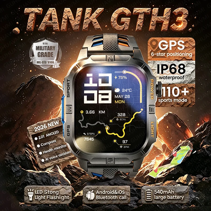 2026New Outdoor Pioneer TANK GTH3 Smart Watch GPS Flashlight