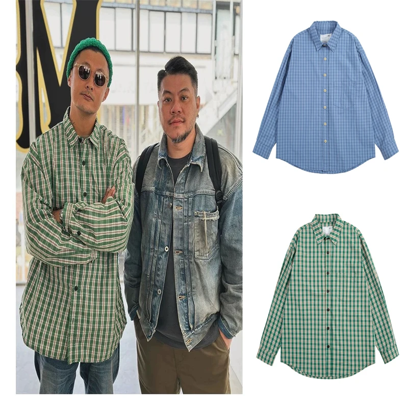 

Thin Washed Plaid MADNESS Long Sleeve Shirts Japanese Style MDNS V-shape Clothes Men Women Loose Casual Fit Shirts Blouse