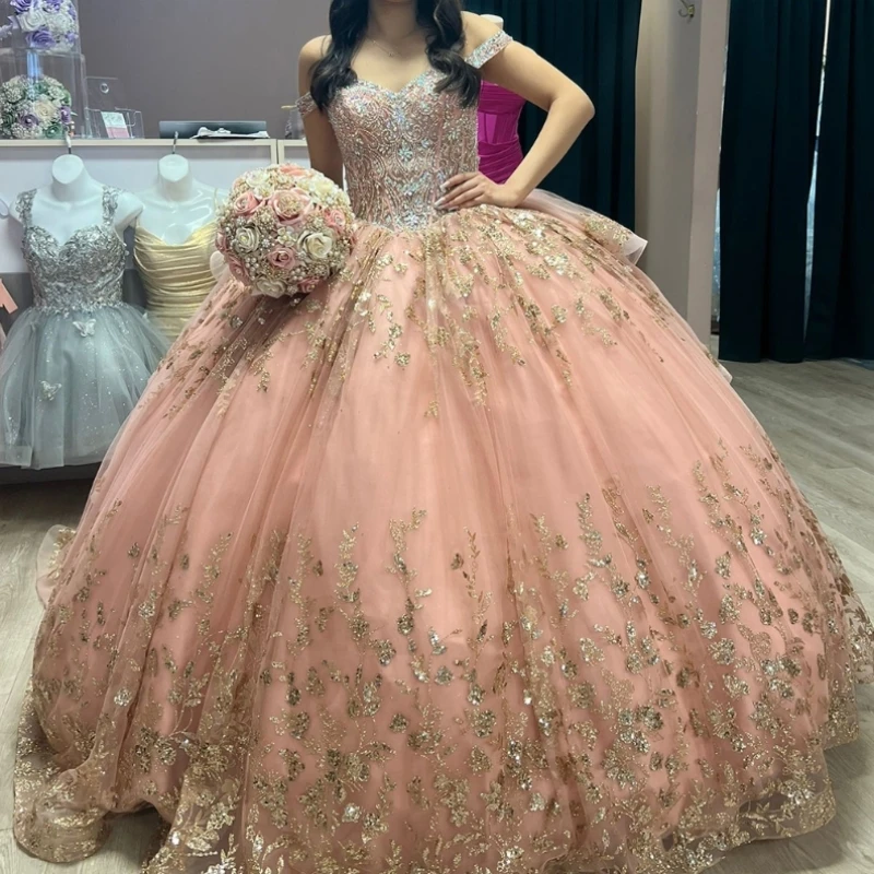 

Glitter Pink Quinceanera Dress Ball Gown Off The Shoulder Gold Lace Applique Beading Tull Tiered Corset Sweet 16 Vestido 15 De