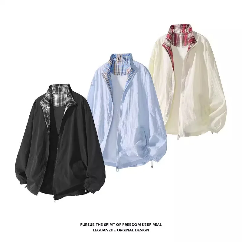 

Ice Blue UPF50 Sun Protection Jaet Men's Lightweight Plaid Splicing Design Collar Couple's Sunscreen Clothing Outerwear