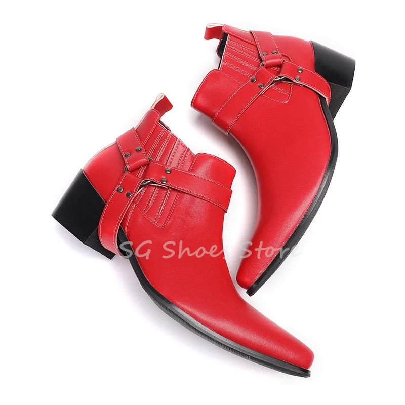 

British Style Belt Buckle Chelsea Boots for Men Mid Calf Dress Shoes Male Pointed Toe Chunky Heel Business Formal Ankle Boots