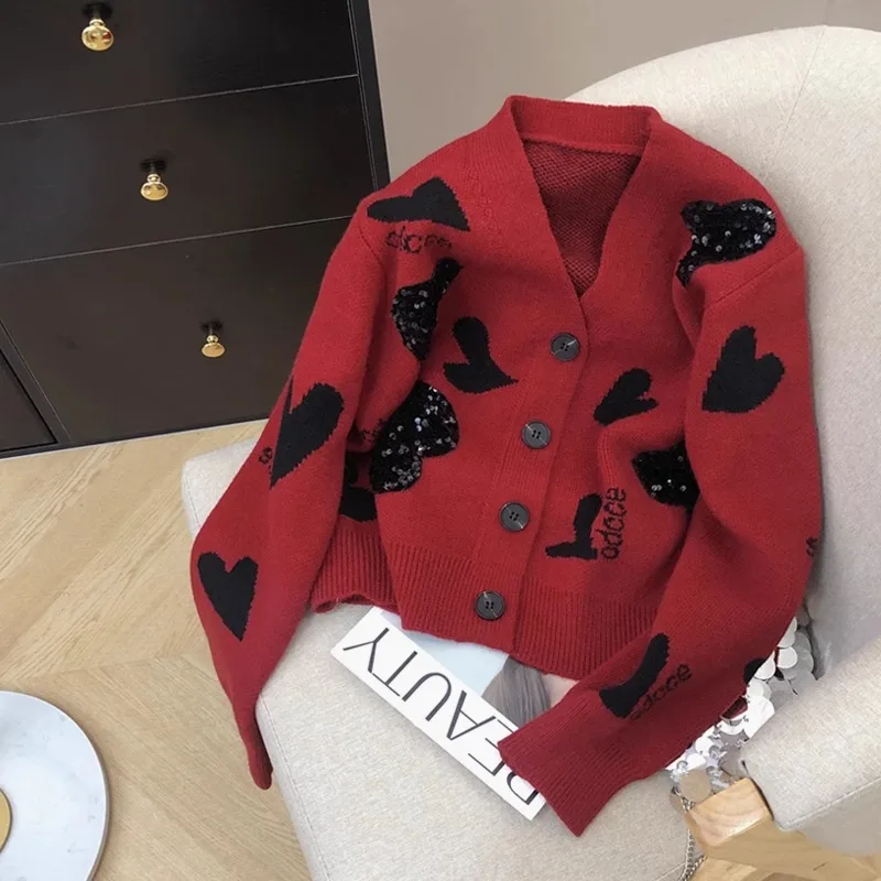 

Women Jacquard Sequins Knitted Cardigan V-neck Heart-shape Pattern Sweater Coat American Casual Fashion Christmas Knit Jacket