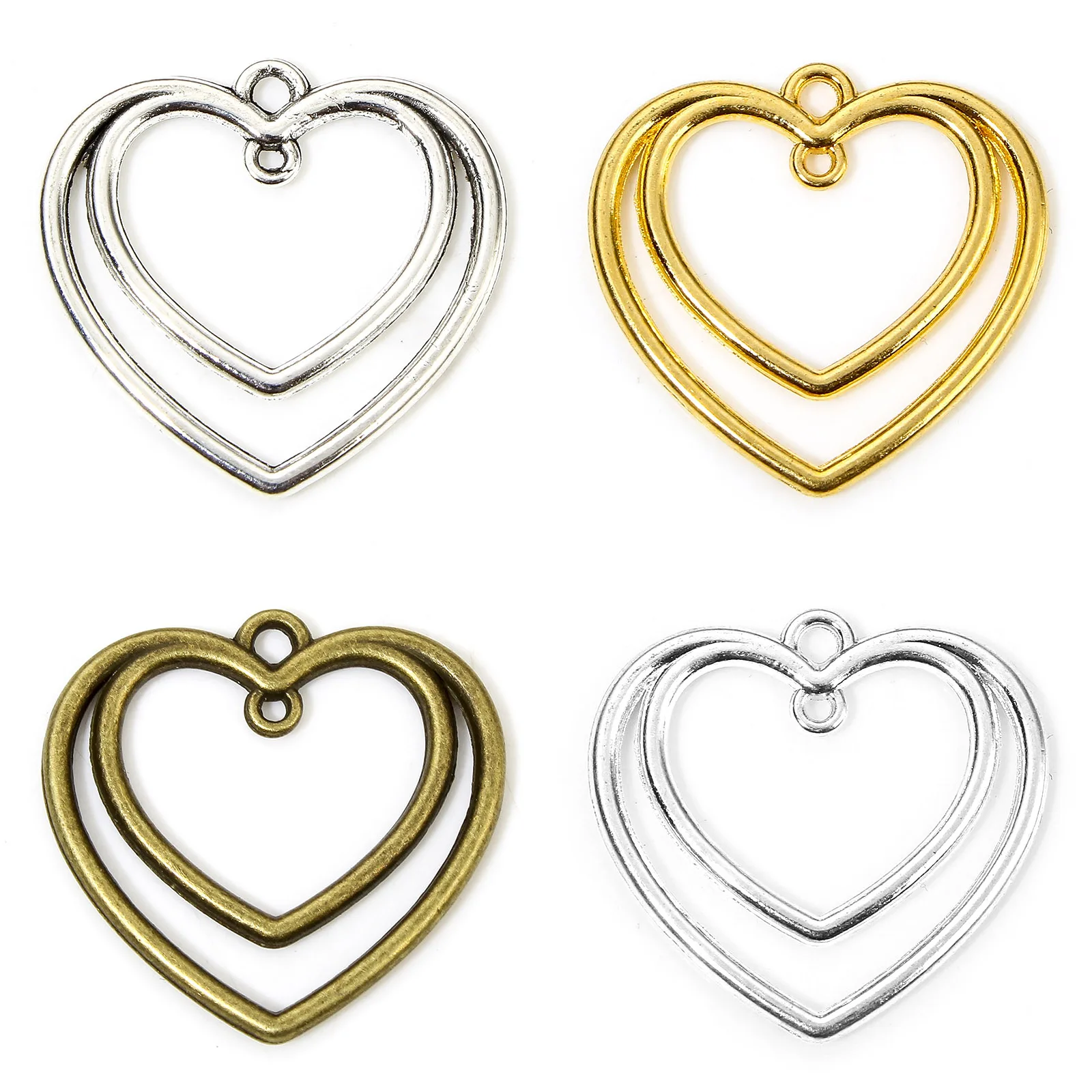 20pcs Double Heart Pendant Vintage Zinc Alloy Charms Diy Necklace Earring Supplies Women Jewelry Accessories 26x25mm