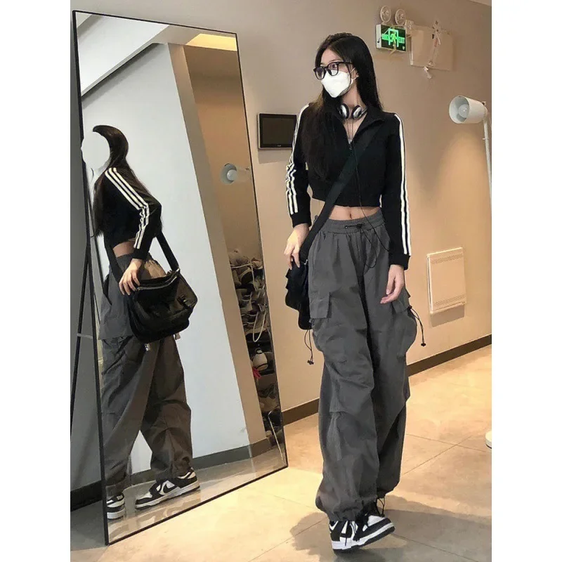 

Cyber Y2K Red Parachute Pants Women Hip Hop Streetwear Gray Cargo Trousers Oversized Egirl Punk Black Wide Leg Pantalones