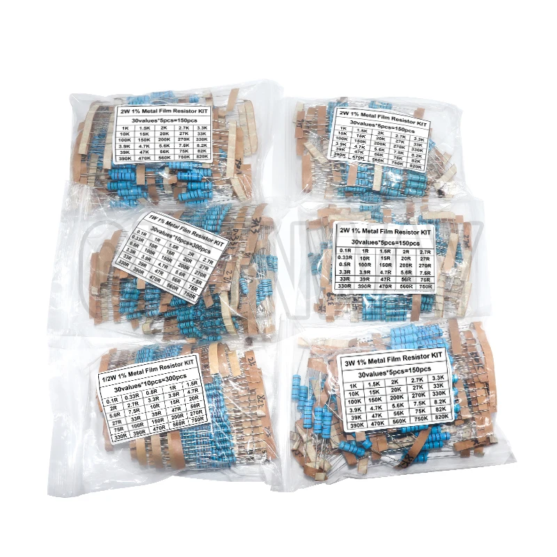 1/2 واط 1 واط 2 واط 3 واط المقاومة 1% معدن مقاوم من غشاء مجموعة متنوعة 30 قيم 1R ~ 750R 1 كيلو ~ 820 كيلو أوم