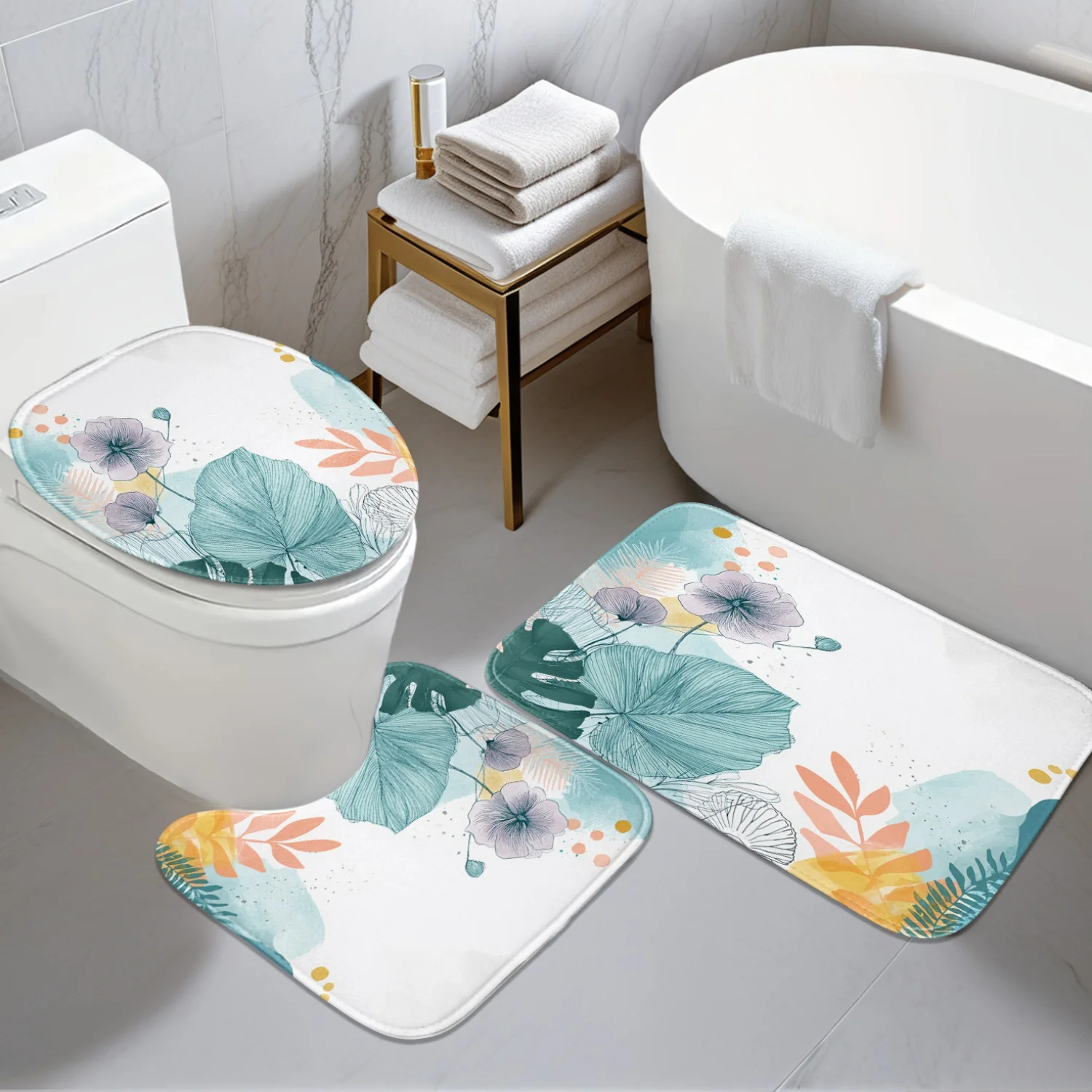 

3 шт. Свежие цветочные и зеленые узоры, U-образные коврики, нескользящие коврики и чехлы на сиденья унитаза идеально подходят для украшения ванной комнаты.