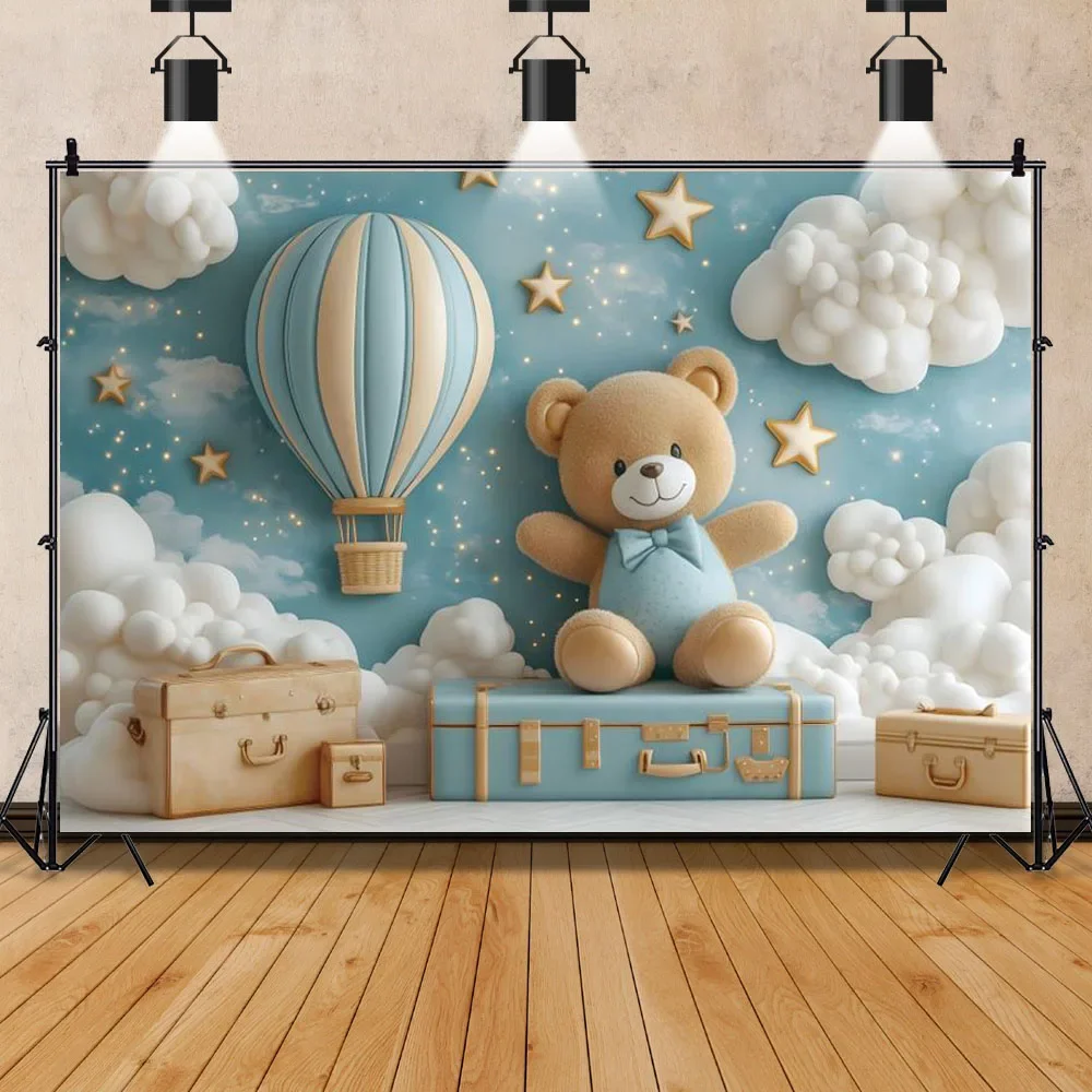 Miś Baby Shower Backdrops Hot Air Balloon Star Boy 1st Birthday Party Decor Photography Background Photo Studio Props