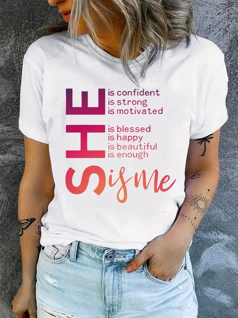 Plus Size Women's Summer Casual Short Sleeve Round Neck Top T-Shirt Printed Graphic Alphabetic Writing SHE Plus Size T-Shirt