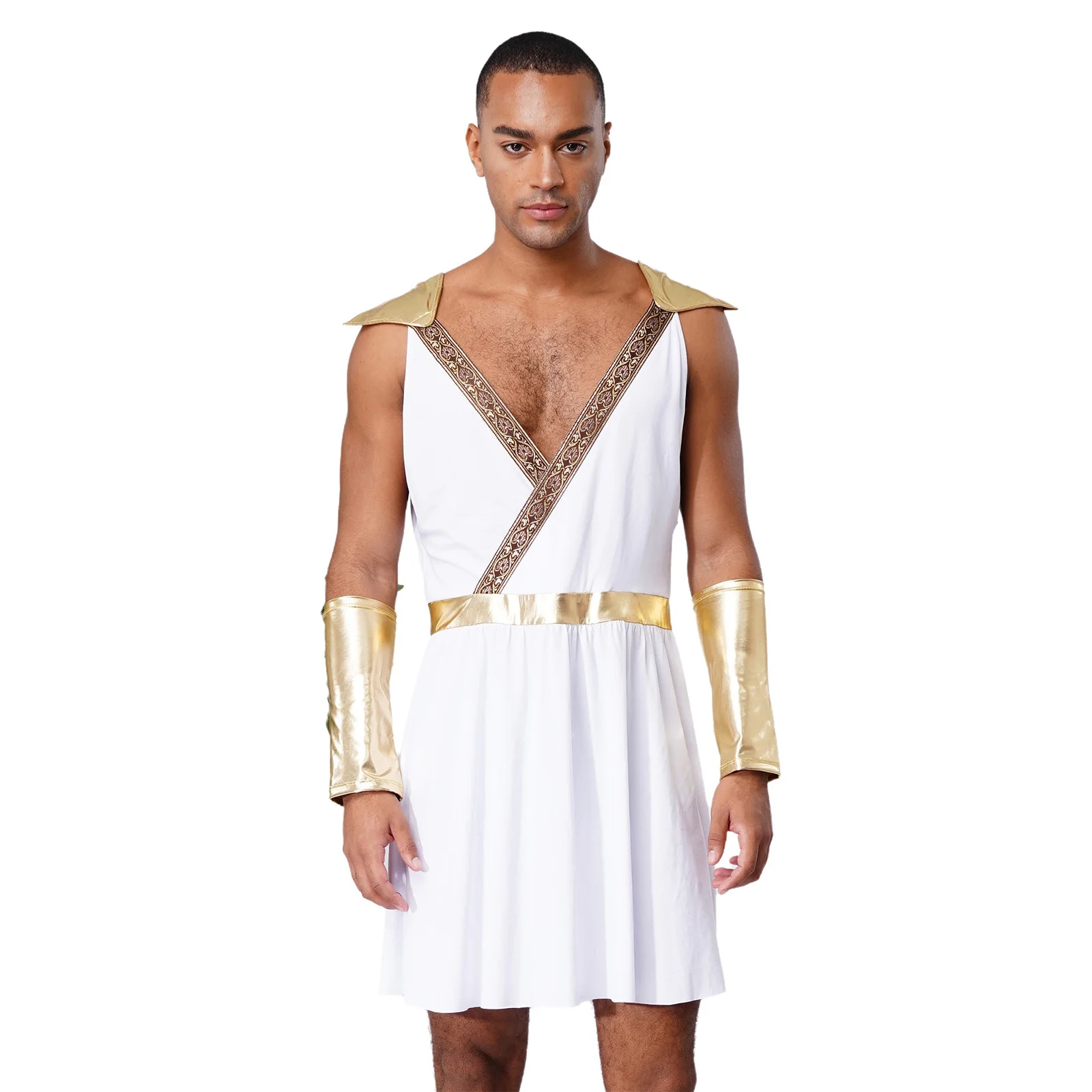 

2Pcs Men Greek Costumes V-Neck Sleeveless Contrast Color Patchwork Robe+Cuffs for Halloween Cosplay Theme Party Fancy Dress Ball