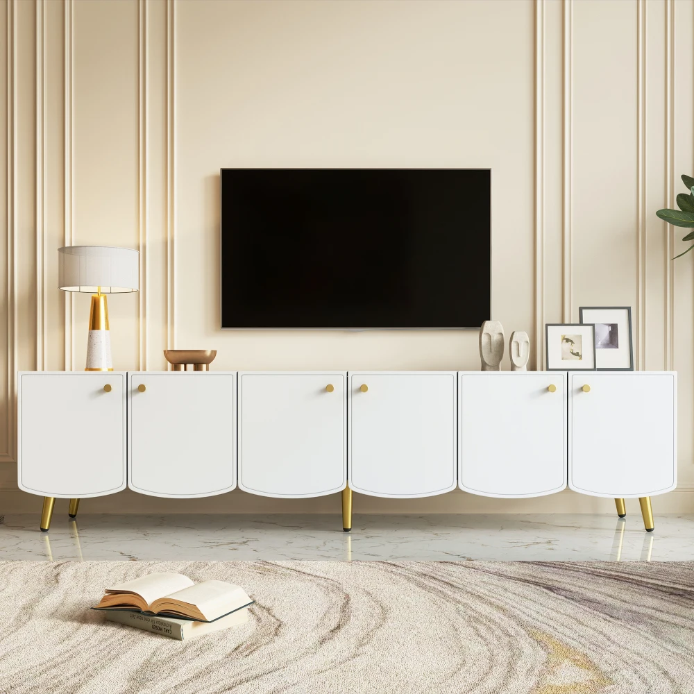 Mobile TV Moderno 180x40x45cm, Credenza Bianca con 6 Ante, Gambe e Maniglie Dorate, Mobile TV per Soggiorno e Camera da Letto, Mobile per Archiviazione