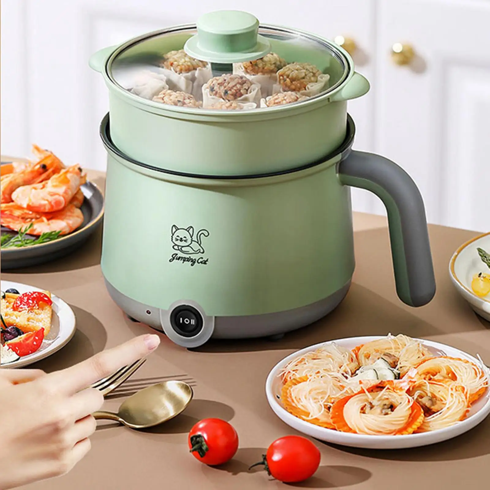 Electric Hot Pot with Steamer Hotpot Ramen Cooker for Fried Rice Ramen Grey Red