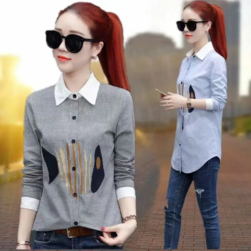 

Casual Striped Long Sve Women's irt Spring Loose Fit Mid-Length Collar Button up Cotton Blend Embroidered