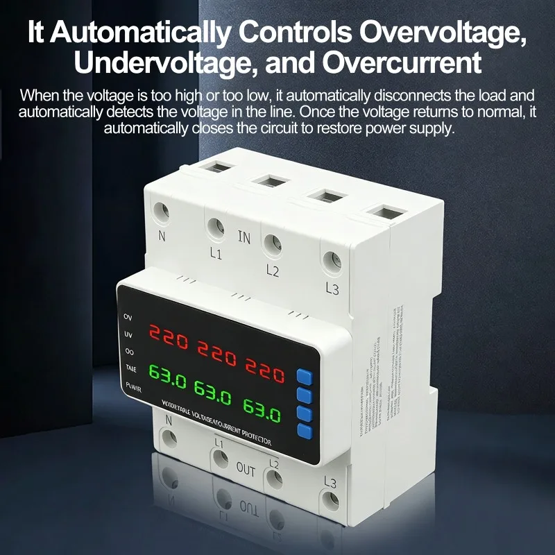 63/100A 3 Phase 4 Wire Adjustable Voltage Current Protector with Digital Display Over Undervoltage Overcurrent Protection Relay