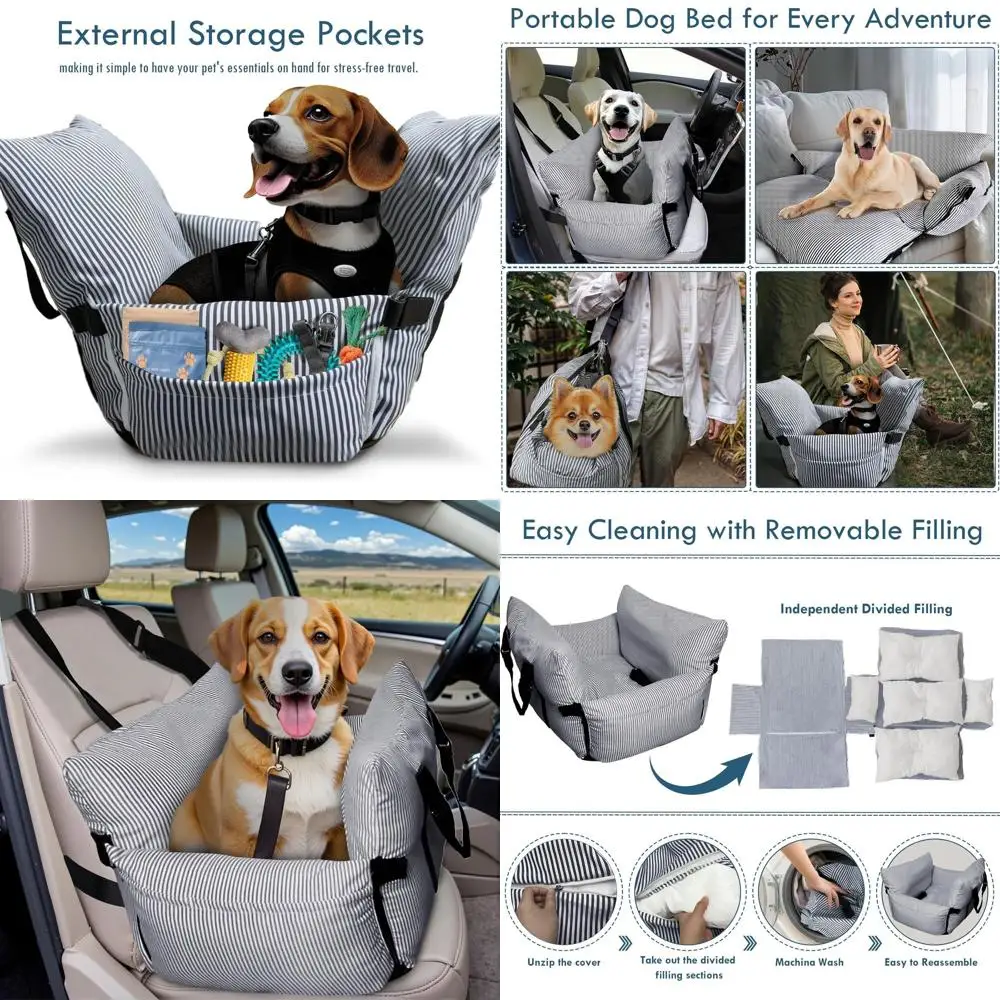 

Приподнятое сиденье для домашних животных с ремнем безопасности и местом для хранения маленьких/средних собак до 40 фунтов — темно-синее, 30 x 20,5