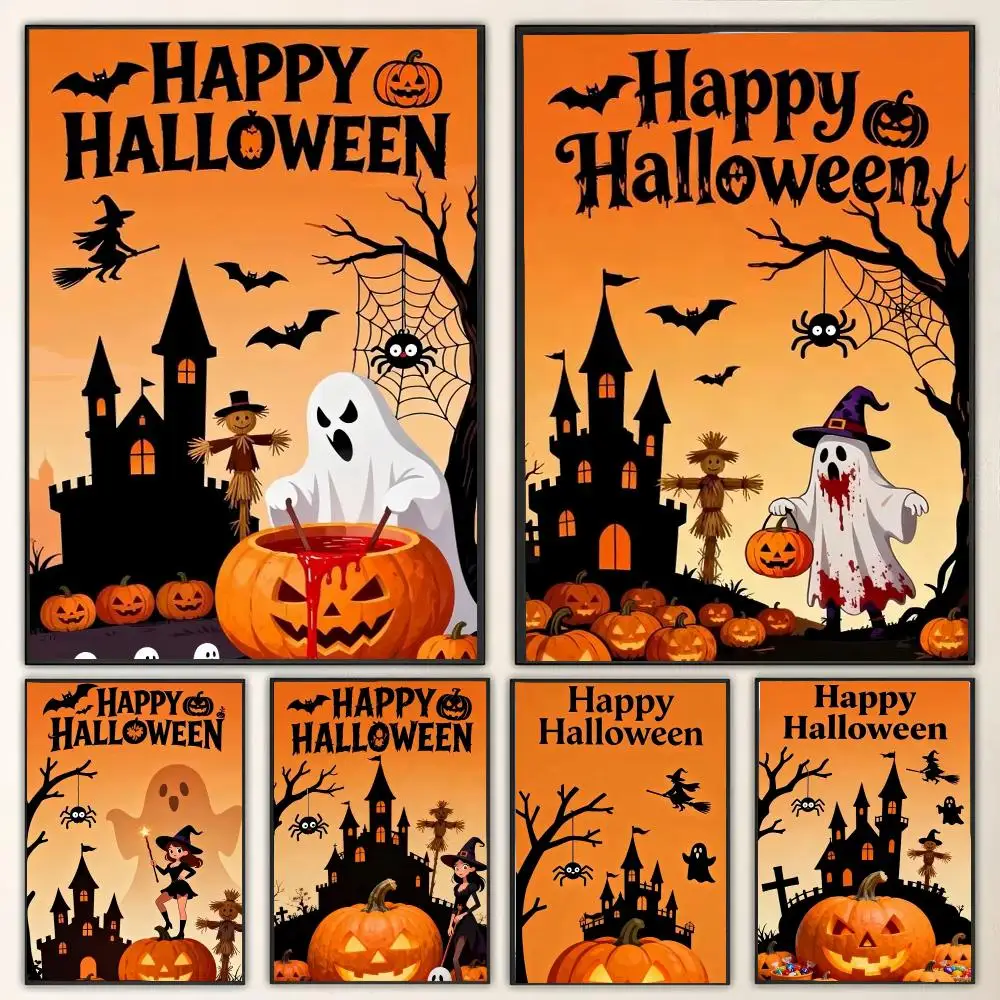 Halloween Castle Witch and Ghost Painting Calligraphy Canvas Poster Wall Art for Living Room Bedroom Cafe Decor Gift