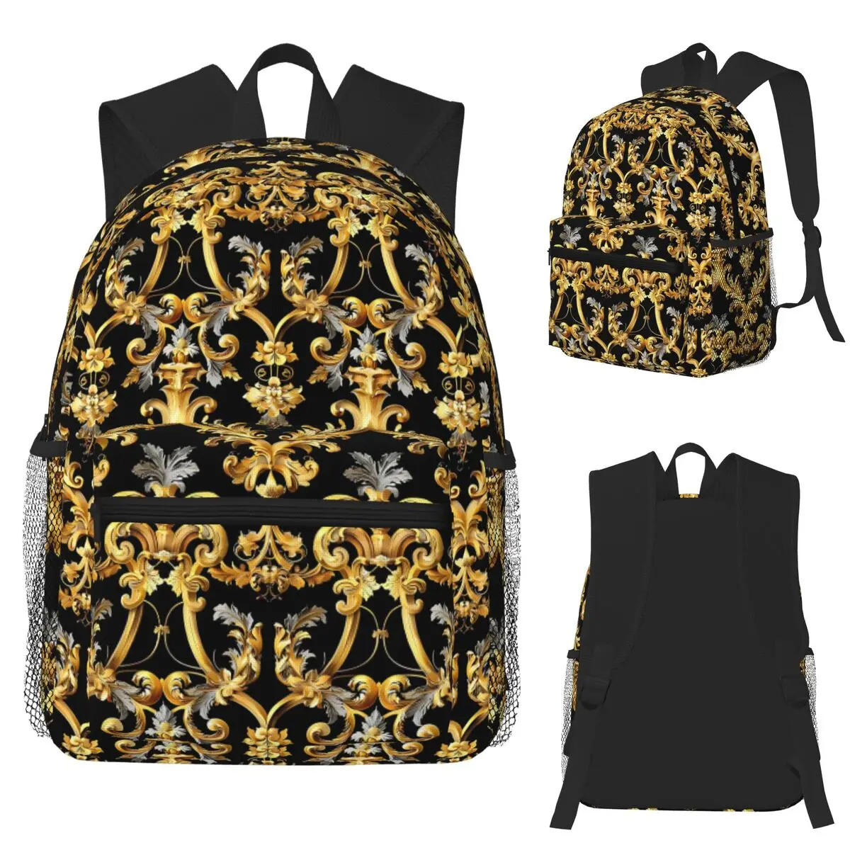 Gouden Leeuw Barokke Print Student Rugzak Schooltas Wandelen Reizen Dagrugzak voor Heren Dames Mode Boekentas Schoudertassen