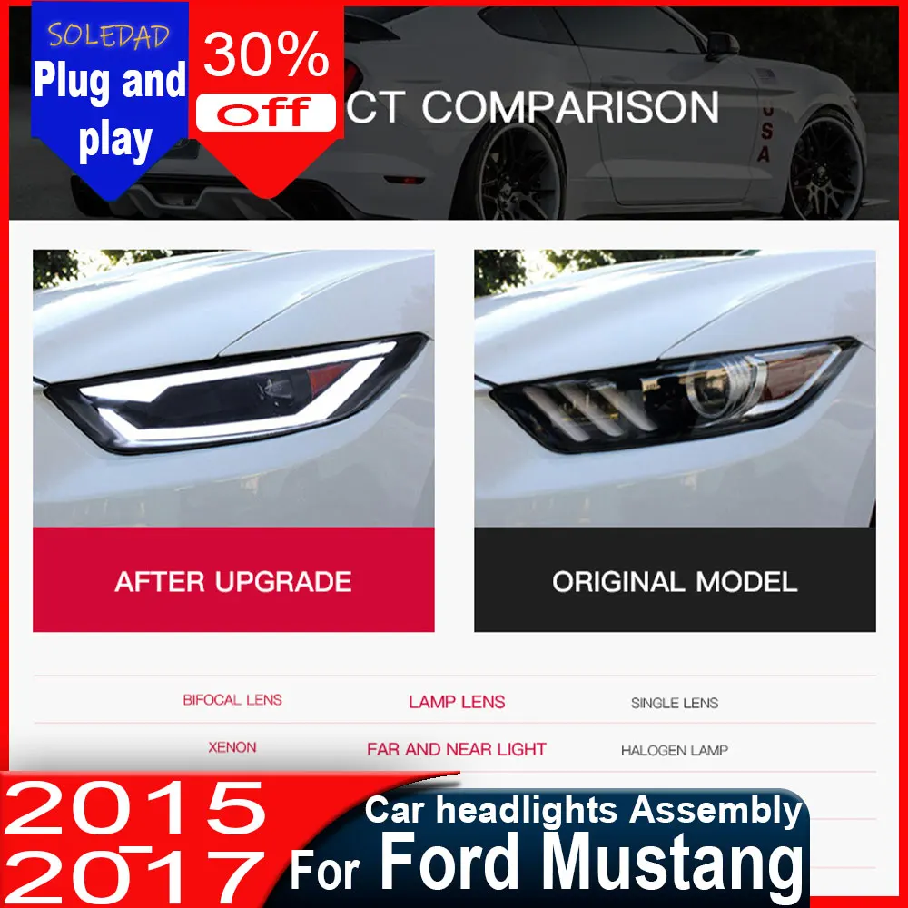 

Car For Ford Mustang Headlight 2015 2016 2017 Modified to New DRL Dynamic Turn Signal LED Headlight Auto Accessories