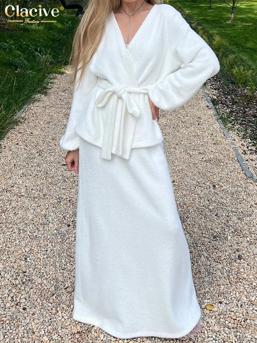 Clacive Casual Loose White Knitted Skirt Sets For Women 2 Pieces Elegant Long Sleeve Robes With High Waist Long Skirt Set Female