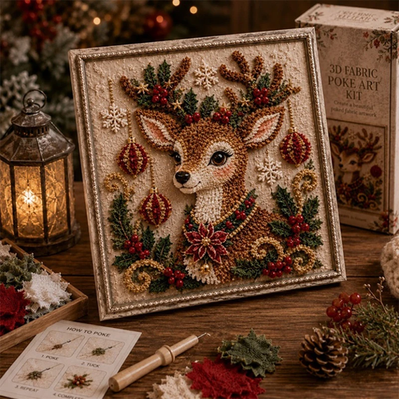 3D Weihnachts-Stoff-Poke-Art-Set, handgemachtes DIY-Stoff-Poke-Art-Set mit vorgeschnittenen Quadraten, Vintage-Handarbeit-Dekoration für Anfänger – Detail 4