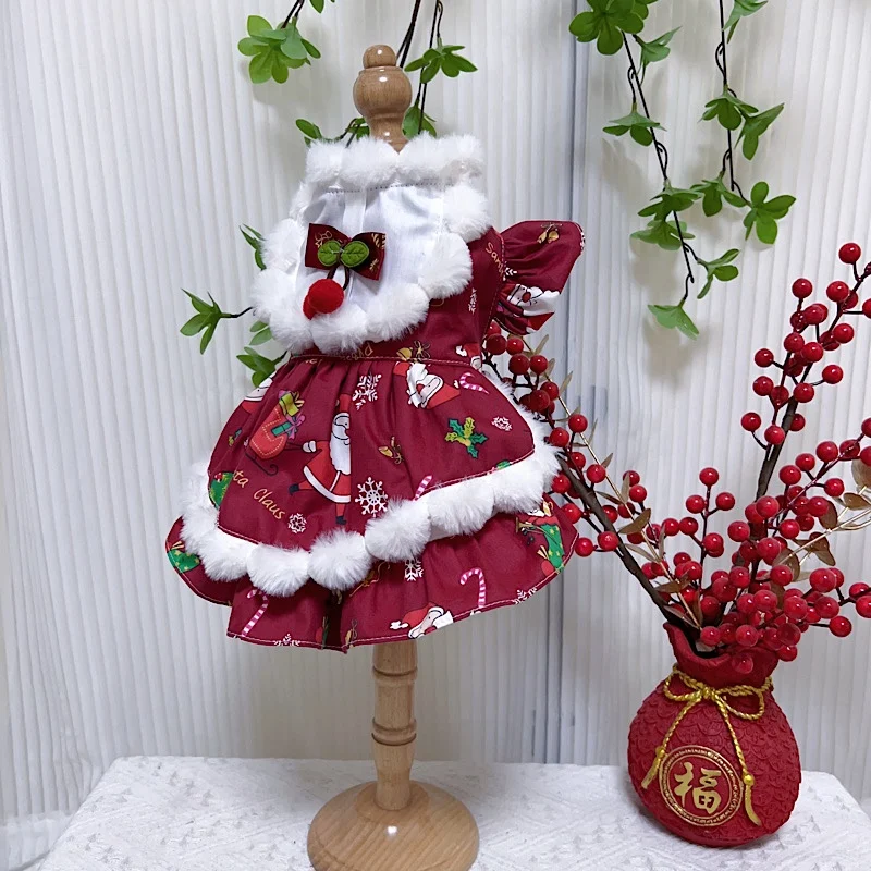 Winter Christmas Pet Dog Cats Clothes Fashion Santa Claus Boots Print Cute Princess Dress For Small Medium Dog Warm Puppy Skirts