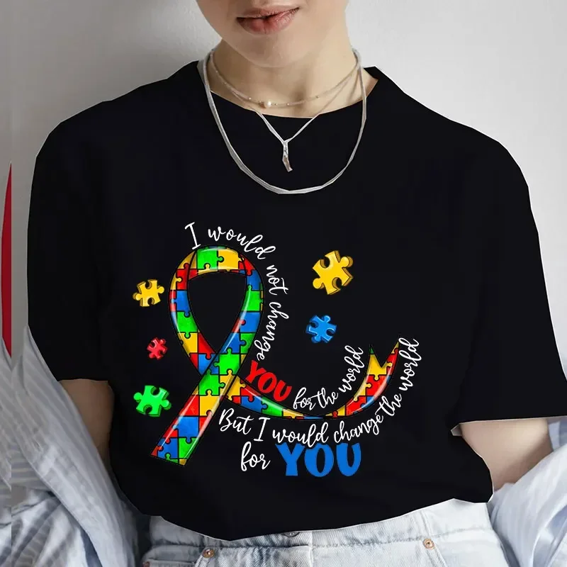 Summer Short Sleeve Clothing Autism Awareness Puzzle T-shirt Female Clothing Fashion Women T-Shirt Harajuku Y2k Graphic Tops