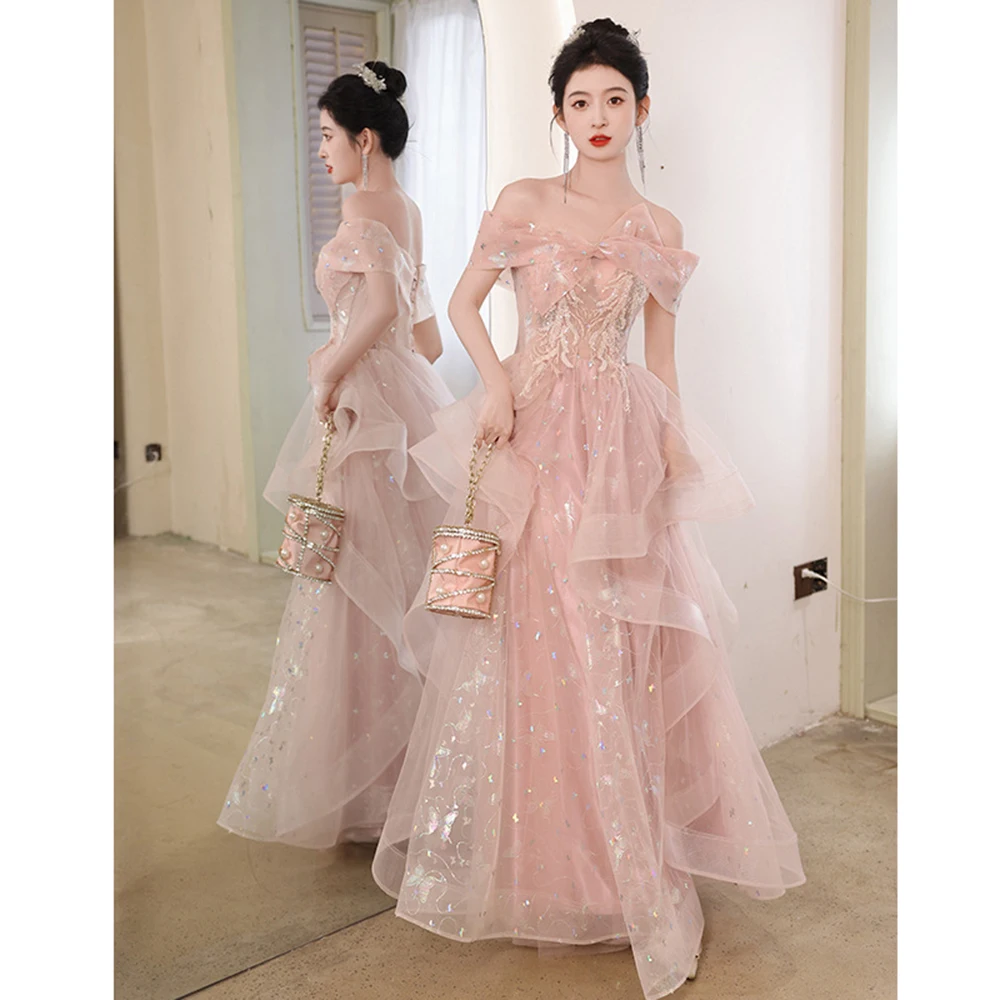 Elegant Women Party Dresses Sweet Pink Off Shoulder Lace Up Bow Collar Evening Dress Sequins Prom Gown Tiered A-Line Vestido