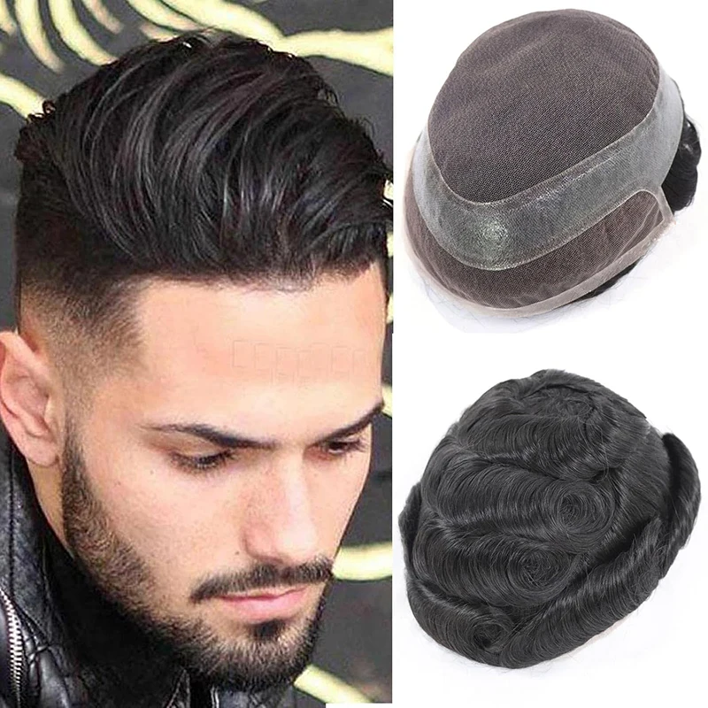 Hollywood-Toupee Men Swiss Lace Human Hair Replacement Lace & PU Toupee Wig For Men Breathable Male Hair Prosthesis Men's Wigs