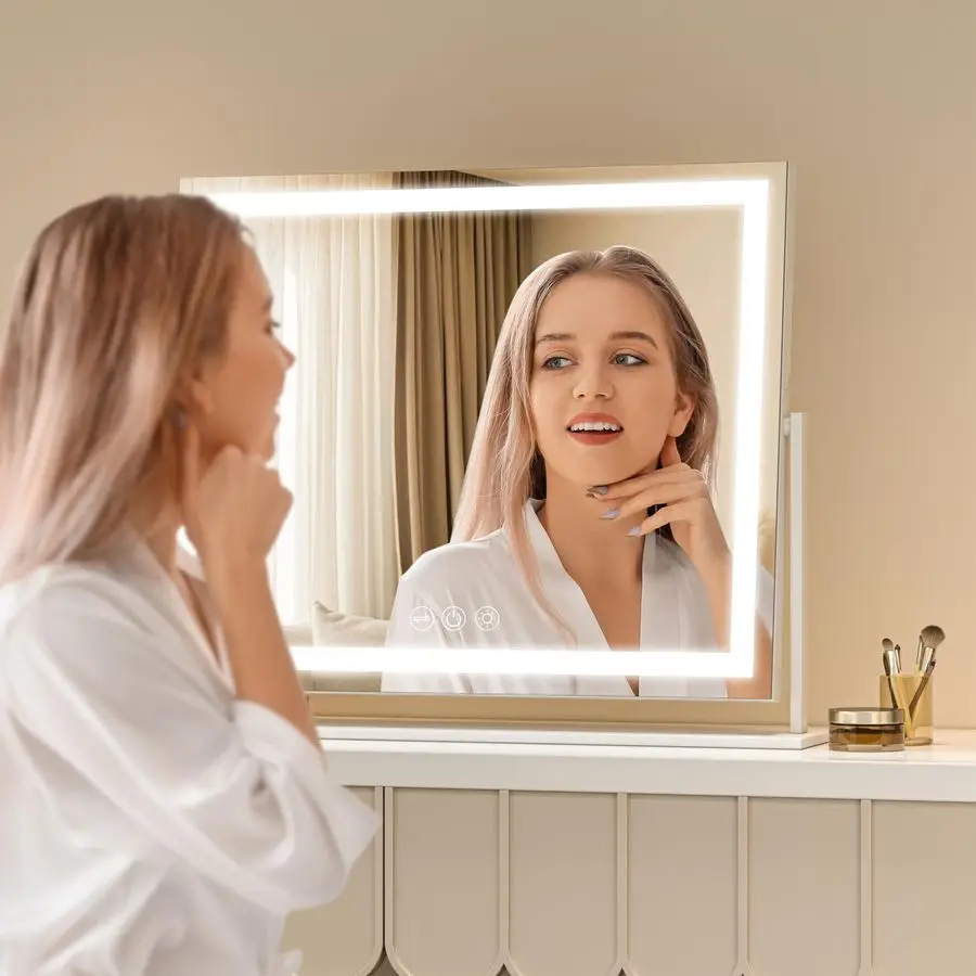 مرآة مع أضواء، مرآة مكياج مضاءة 24 × 20، شاشة تعمل باللمس مع إضاءة 3 ألوان، قابلة للتعتيم لمكتب الزينة على سطح الطاولة المربعة #5