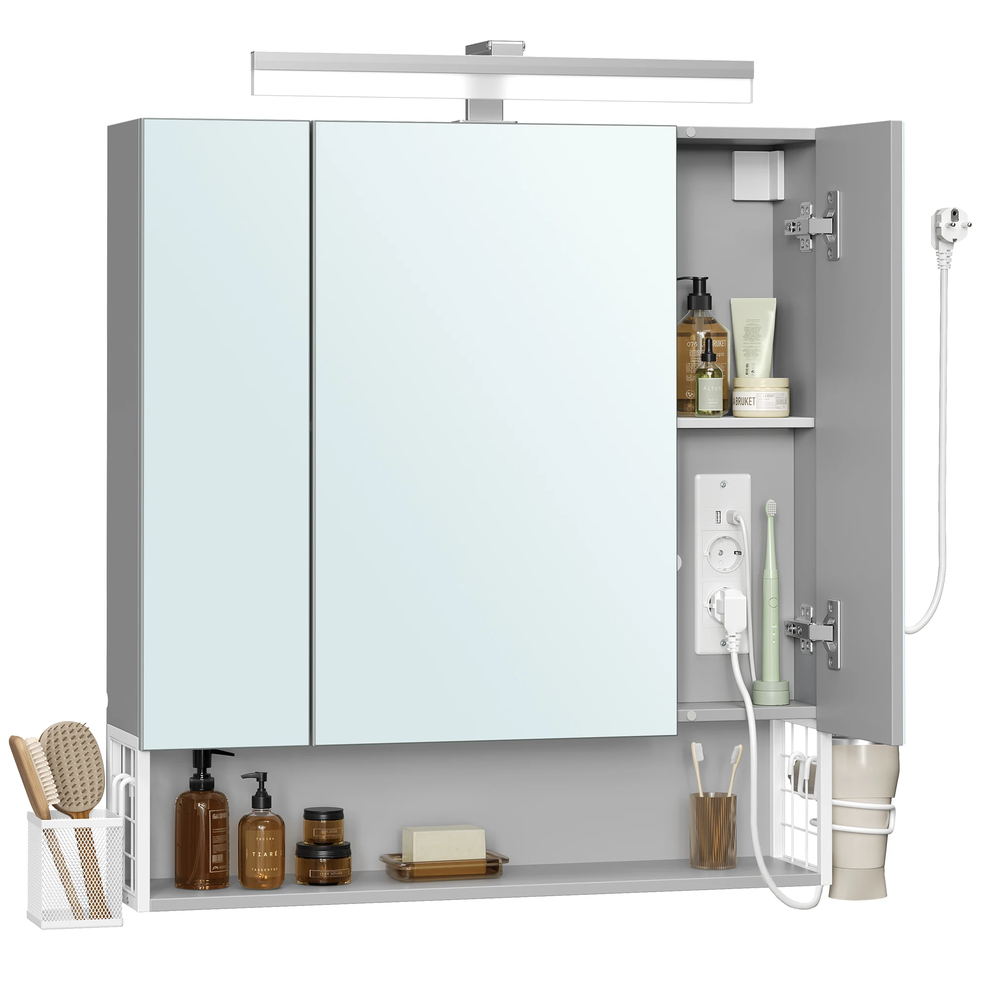 VASAGLE Bathroom Cabinet with Mirror, 3 Doors, Plug, Hanging Basket, Hair Dryer Holder, Cloud White/Dove Grey