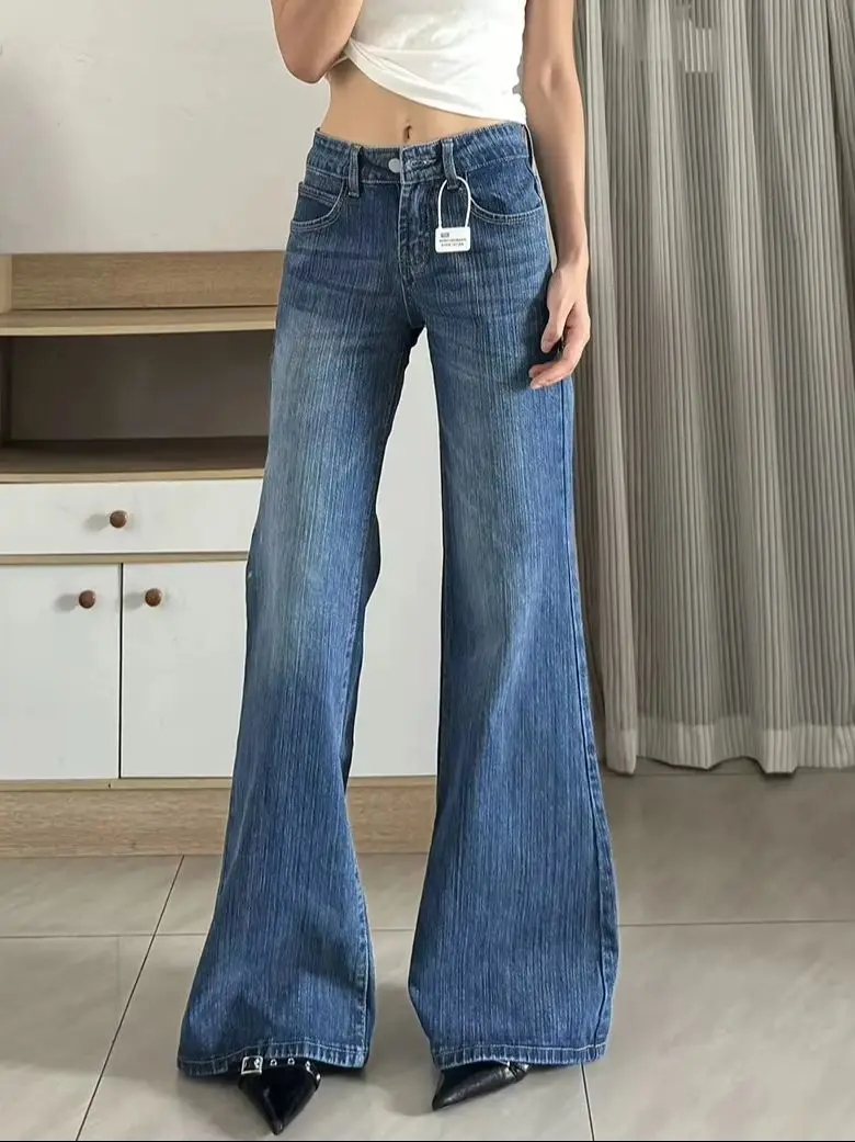Women American Retro Low Waisted Flared Jeans Summer Thin Bamboo Pattern Non Stick Leg Loose Straight Wide Leg Pants