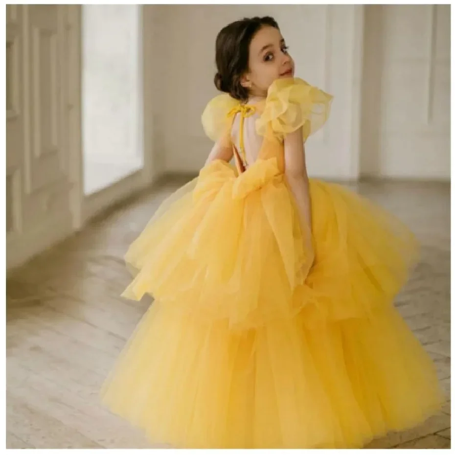 Gelbes Blumenmädchenkleid, exquisites Krepp-O-Ausschnitt, bodenlang, für kleine Mädchen, Kinder, Hochzeit, Geburtstag, Party, Abschlussball, Urlaubskleid