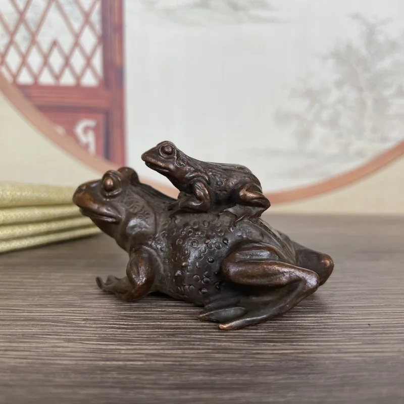 Vintage alloy craft figurine, Kung Fu tea ceremony decoration, antique collectible mother-and-child frog