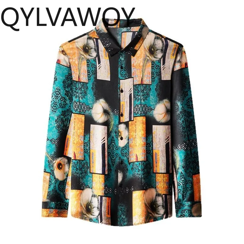 

QYLVAWOY 92.4% Real Mulberry Silk Men's Shirts Summer Tops Long Sleeves Menswear Clothing Thin Printed Shirts Business High-end