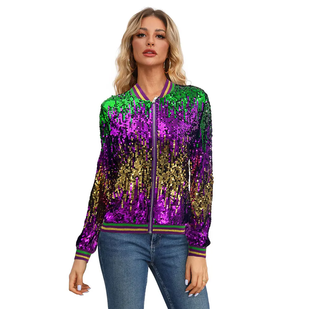 Long Sleeve Open Cardigan Baseball Jacket Shiny Sequins Spring Autumn Women's Outerwear Stand Collar Zipper Closure Polyester